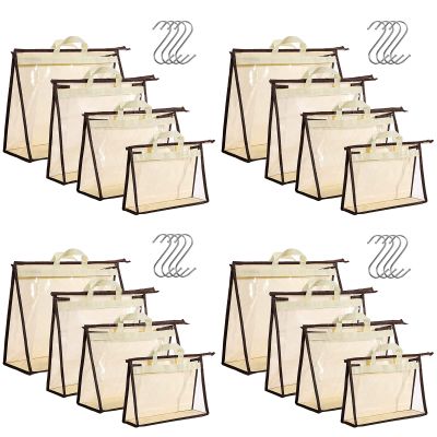 16 Pack Clear Handbag Storage Organizer with 16 Stainless Steel S-Hooks, 4 Assorted Sizes, Anti-Dust Moisture-Proof Purse Storage Bags with Zipper and Handle for Closet Hanging, Wallet Dust Cover Set