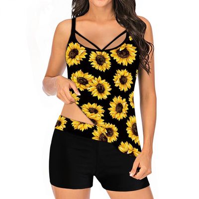 QWENTMTNTY Womens 2 Piece Plus Size Tankini Bathing Suits Sunflower Tummy Control Spaghetti Straps Swimsuits with Boyshorts