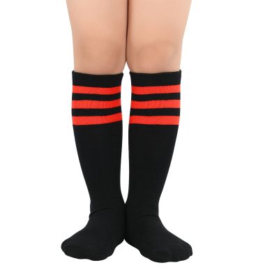 American Trends Kids Child Soccer Socks Stripes Knee High Tube Socks Cotton Uniform Sports Socks for Toddler Girls 1 Pack Black Red 3-6 Years