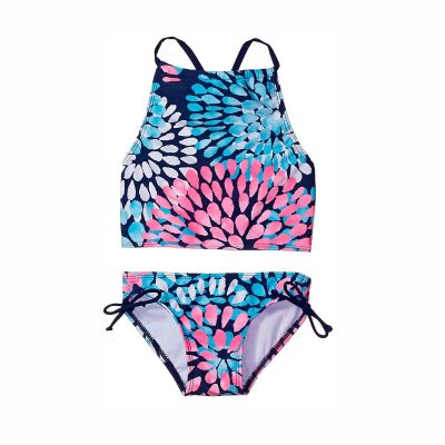 Huaai Kids Girls Swimsuit,Two Piece Floral Print Sleeveless Bathing Suits Cute Swimwear for Girls Tankini Suit Beach Bikini Blue