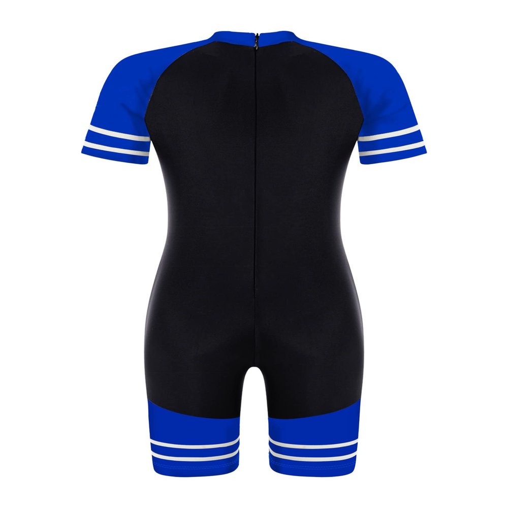 Fldy Kids Girls Boys One Piece Rash Guard Swimsuit UPF 50+ Short Sleeve Bathing Suit Water Sports Shorts Swimsuit Black&Royal Blue 6 Years