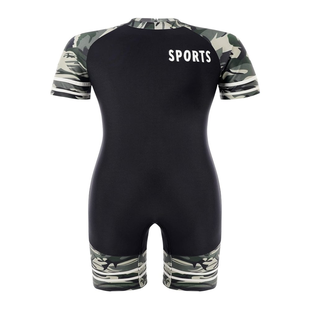 Fldy Kids Girls Boys One Piece Rash Guard Swimsuit UPF 50+ Short Sleeve Bathing Suit Water Sports Shorts Swimsuit Black&Green Camouflage 6 Years