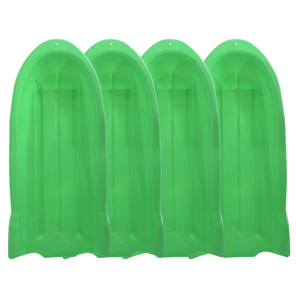 Superio Toboggan Snow Sleds, 4 Pack- 46 Plastic Open Back Slider for Kids and Adults- Heavy Duty Sleds with Holes for Pull Ropes (Ropes Excluded) for Downhill Sledding, Winter Outdoor Sports, (Green)