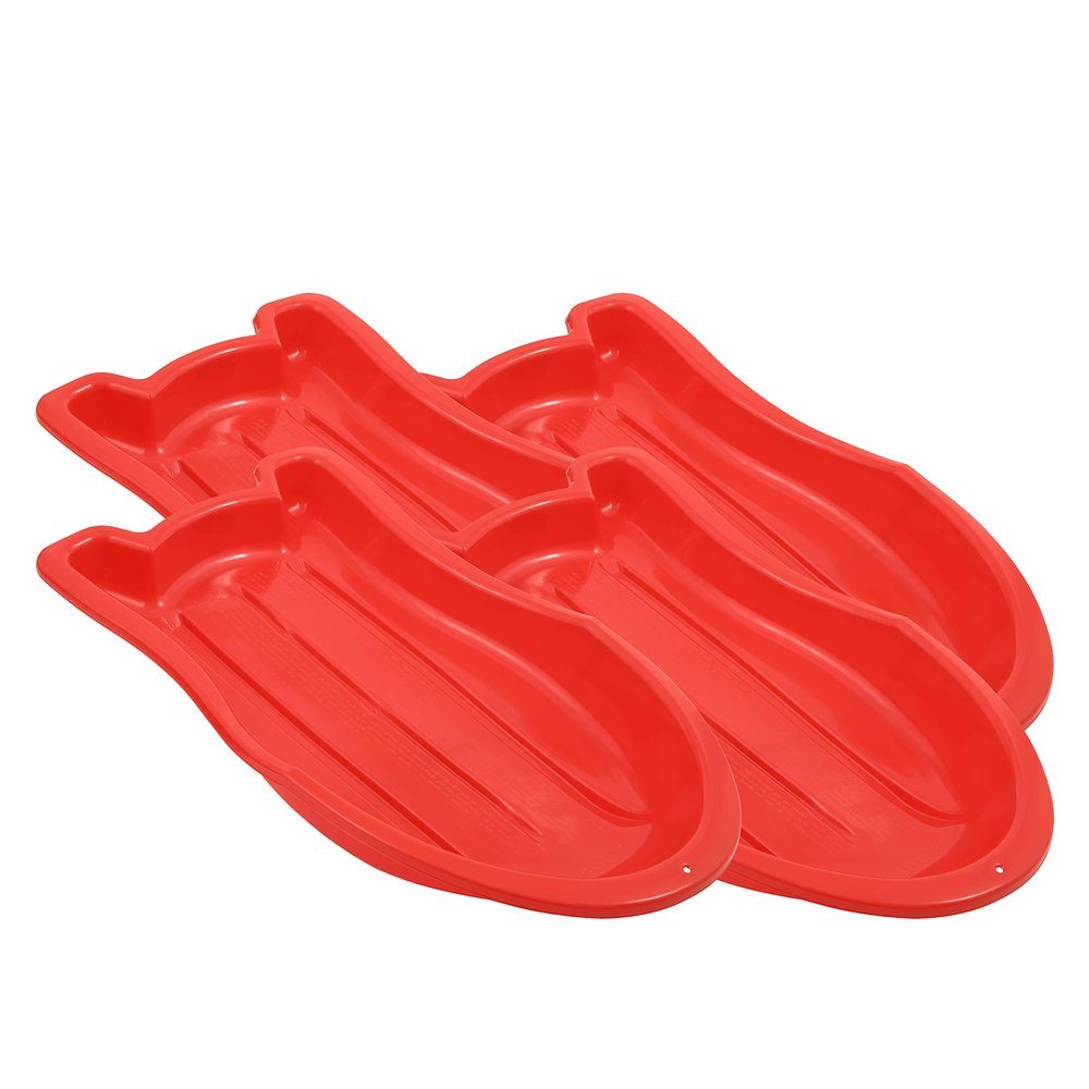 Superio Toboggan Snow Sled- 37 Plastic Slider for Kids and Adults- Heavy Duty Sled for 1 Rider with Pull Ropes for Downhill Sledding, Winter Outdoor Sports (Red, 4 Pack)