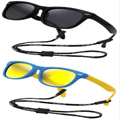 Kids Flexible Polarized Sunglasses for Boys Girls Age 3-10 with Straps (Black+Blue Yellow Mirrored Lens 2 pcs/Fit Age 6-10)