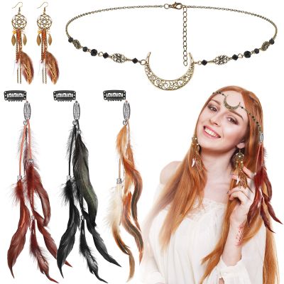 Kigeli 5 Pack Boho Feather Headpiece Hair Clip Moon Head Chain Crystal Carnival Gift Concert Accessories Costume Feather Dream Catcher Earring Women Mardi Gras Cosplay Party Viking(Mixed Color)