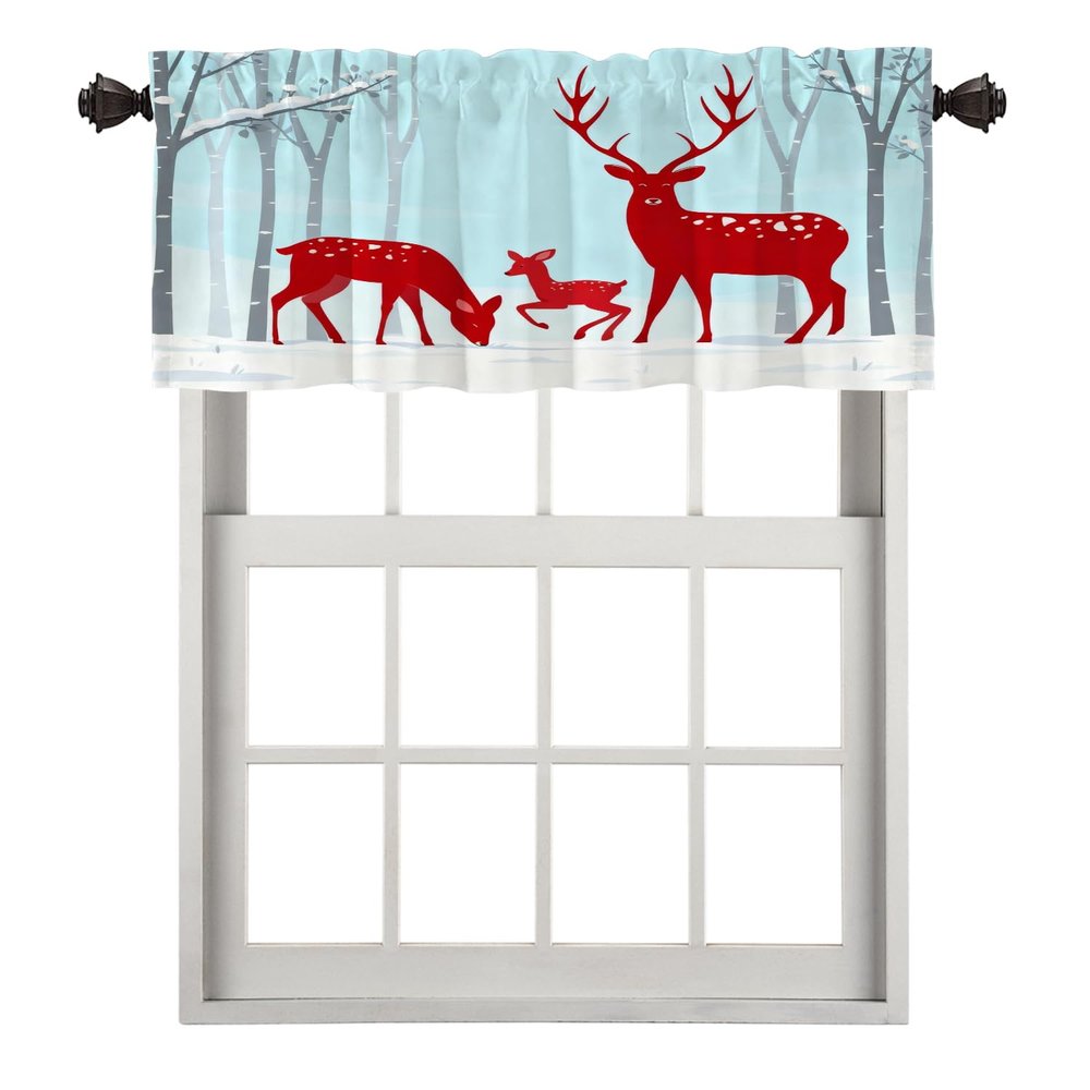 BaoNews Red Festival Christmas Kitchen Valances for Windows,White Deers Blackout Valances Curtains Multilayer Polyester Drapes for Kitchen Bedroom 1 Pack 52X18 Inches