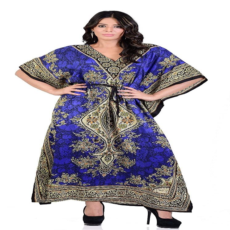 UNIQUE KAFTANS Women's Kaftan Dress Beach Cover Up Tribal Ethnic Print Plus Size V-Neck Loose Kimono Maxi Dress (Blue)