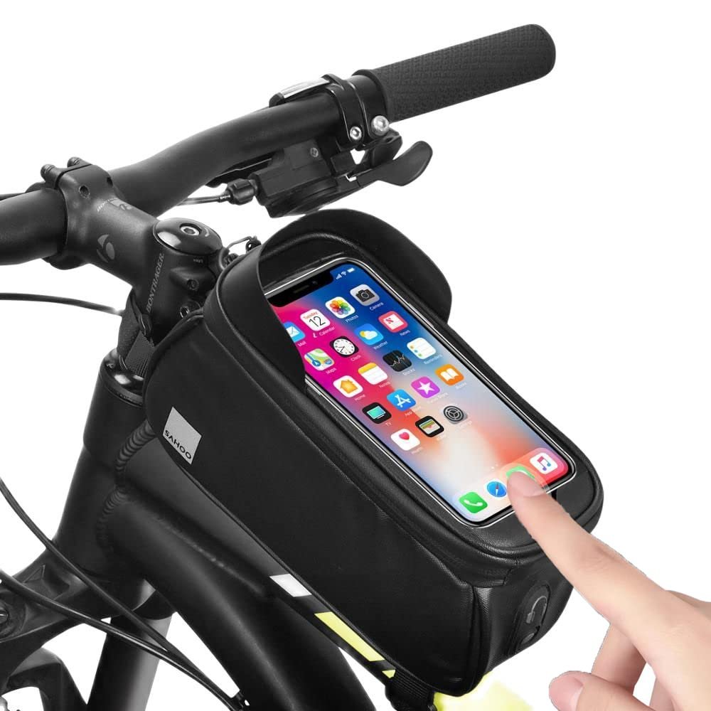 Bike Phone Front Frame Bag, Waterproof Top Tube Bike Bag, Bike Phone Holder Case with Sensitive Touch-Screen and Rain Cover, Bicycle Accessories Pouch, Handlebar Bag for Mountain Road Bike