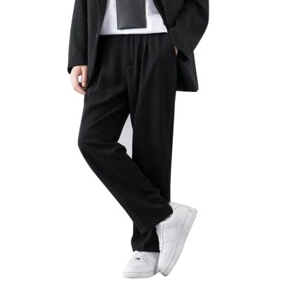 Casual Suit Pants for Men Elastic Waist Classic Fit Straight Leg Trousers Summer Flat-Front Loose Work Dress Pants Pockets Black
