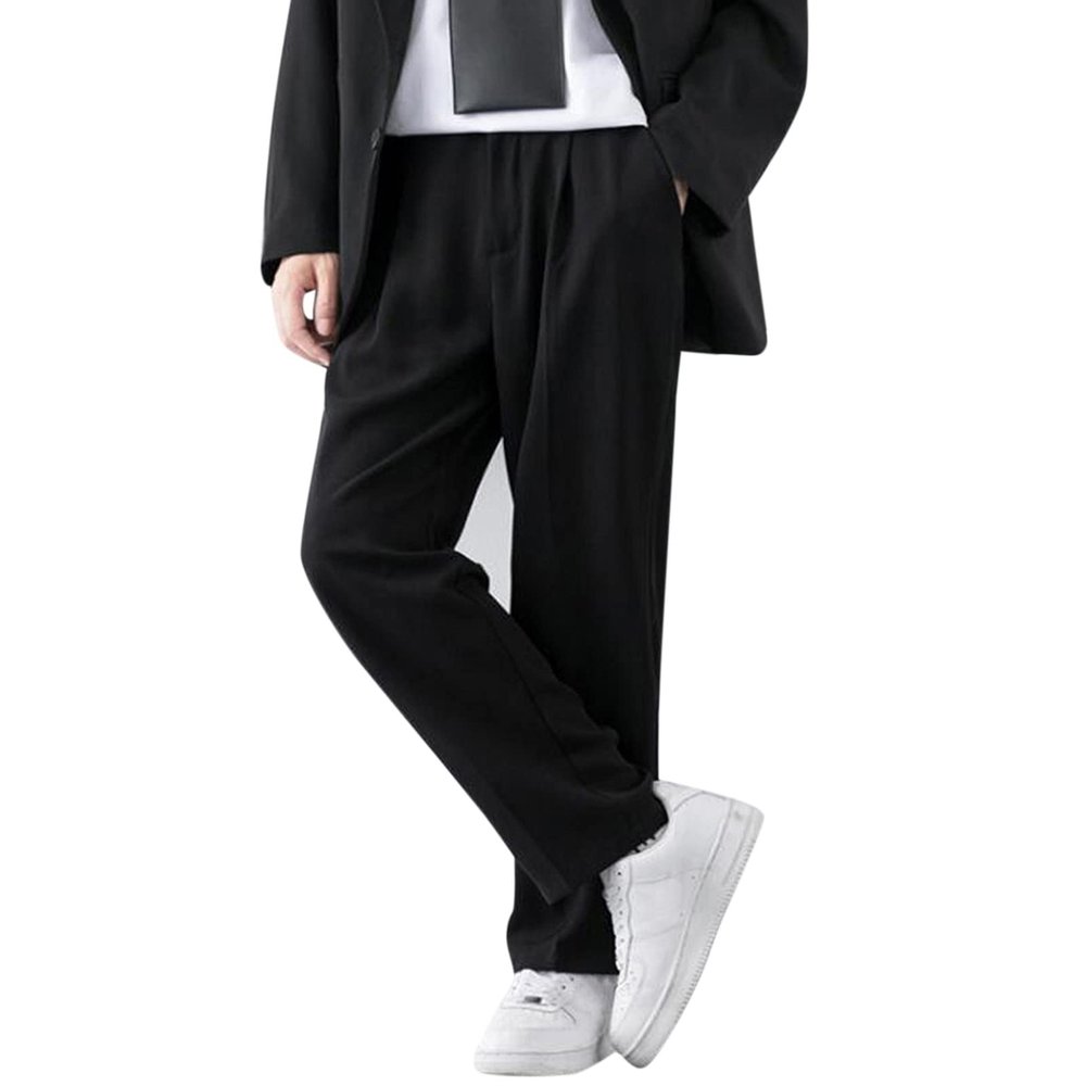 Casual Suit Pants for Men Elastic Waist Classic Fit Straight Leg Trousers Summer Flat-Front Loose Work Dress Pants Pockets Black