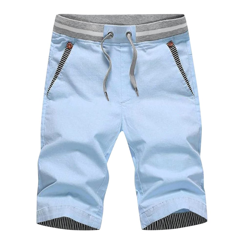 Mens Linen Shorts Casual Summer Stretch Elastic Waist Drawstring Beach Shorts Classic Fit Cotton Short Pant with Pockets Blue