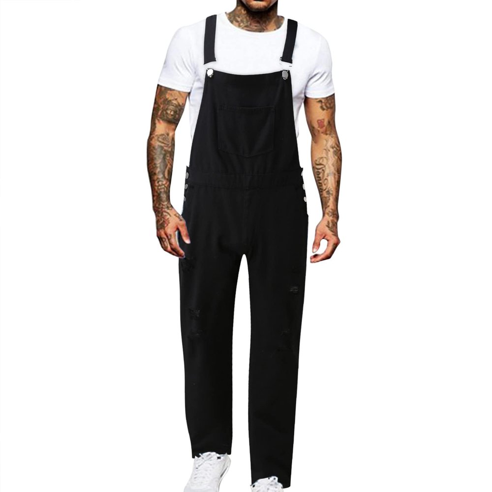 Mens Bib Overalls Denim Romper Relaxed Fit Vintage Ripped Jean Jumpsuits Fashion Big Tall Adjustable Straps Jeans