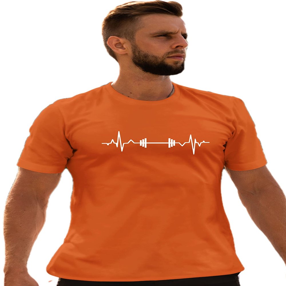 3X-Large Orange Unisex Barbell Heartbeat Weightlifting Gym Workout Gift Idea T-Shirt