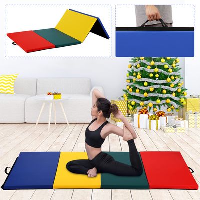 4'x8'x2 Folding Gymnastics Mat, Extra Thick High Density Anti-Tear Gym Exercise Pad with Carrying Handles, Hook and Loop Fastener, 4 Panel Tumbling Mat for Workout, MMA, Stretching Yoga