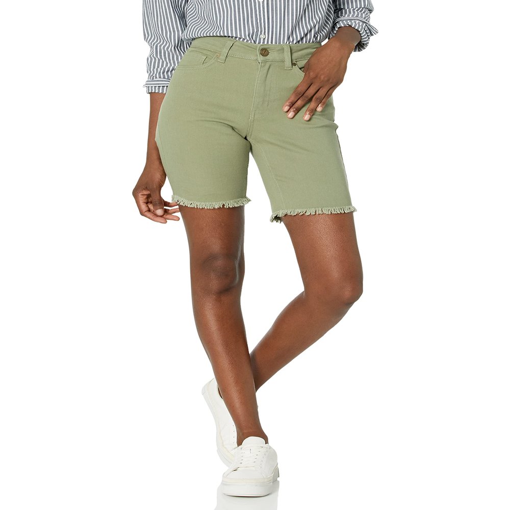 Women's Basic Light Olive Green Bermuda Short with Fray Hem