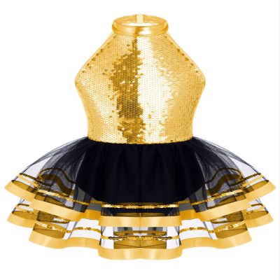 Agoky Kids Girls Sequins Ballet Dance Dress Halter Neck Gymnastic Leotard Skirt Stage Performance Dancewear Outfit Tutu Skirt Gold 7-8