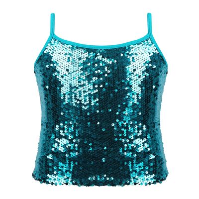 Aislor Girls Kids Shiny Metallic Color Spaghetti Shoulder Straps Camisole Tank Top for Dance Competition Stage Performance Lake_Blue Sequin 16 Years