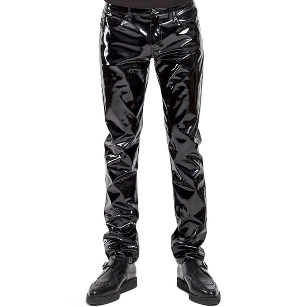 YONGHS Men's Faux Leather Pants Punk 80's Rock Leggings Trousers Tight Gothic Motorcycle Biker Pants Black B Medium