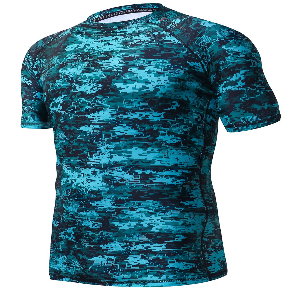 ADOREISM Men's Rash Guard Short Sleeve Quick-Dry UPF 50+ Sun Protection Compression Swim Shirts for Surfing Hiking Fishing (Pixel Green, XL)