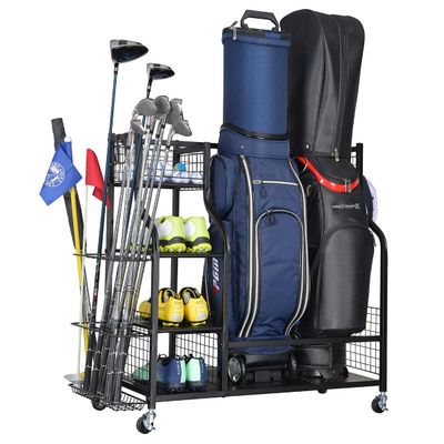 SNAIL Golf Bag Garage Storage Organizer Extra Large Size Golf Bag Rack Stand Holder Fits 2 Golf Bags and Other Golfing Equipment Accessories, Metal Black Golf Club Storage for Garage Shed and Basement
