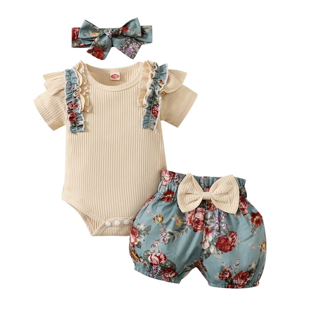 Infant Outfits Girls Ruffles Short Sleeve Ribbed Romper Bodysuits Bowknot Floral Printed Shorts Headbands Newborn