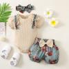 Infant Outfits Girls Ruffles Short Sleeve Ribbed Romper Bodysuits Bowknot Floral Printed Shorts Headbands Newborn view 2