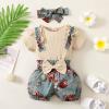 Infant Outfits Girls Ruffles Short Sleeve Ribbed Romper Bodysuits Bowknot Floral Printed Shorts Headbands Newborn view 3