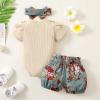 Infant Outfits Girls Ruffles Short Sleeve Ribbed Romper Bodysuits Bowknot Floral Printed Shorts Headbands Newborn view 4