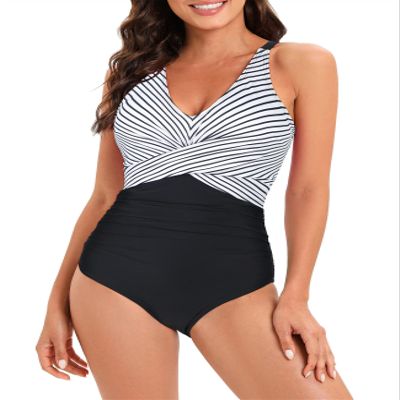 American Trends Women's One Piece Swimsuits Tummy Control V Neck Ruched Bathing Suits Color Block Slimming Modest Swimwear 01 Black White Stripes 12-14