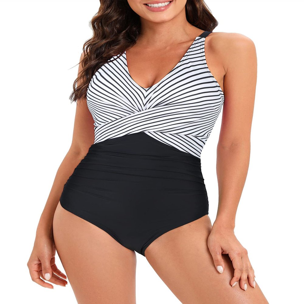 American Trends Women's One Piece Swimsuits Tummy Control V Neck Ruched Bathing Suits Color Block Slimming Modest Swimwear 01 Black White Stripes 12-14