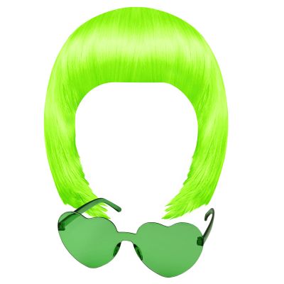 MIAHART Green Short Bob Wig and Sunglass Set, Neon Colored Wigs Sunglass Pack Costume Colorful Cosplay Wigs Daily Party Hairpieces for Bachelorette Neon Party Favors Halloween Decorations Supplies