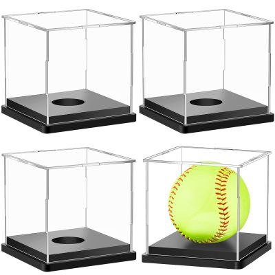 Leinuosen 4 Packs Softball Display Case Plastic Softball Holder Stand Baseball Display Case Memorabilia Acrylic Box UV Protected Clear Cube for Baseball Tennis Ball Sports Ball Storage