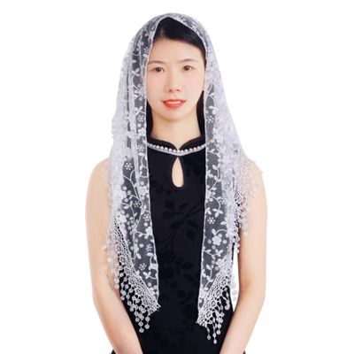Lystaii Triangle Lace Mantilla Veil with Tassel Tulle Scarf Shawl Cathedral Head Covering Floral Chapel Veil for Mass Wedding (White)