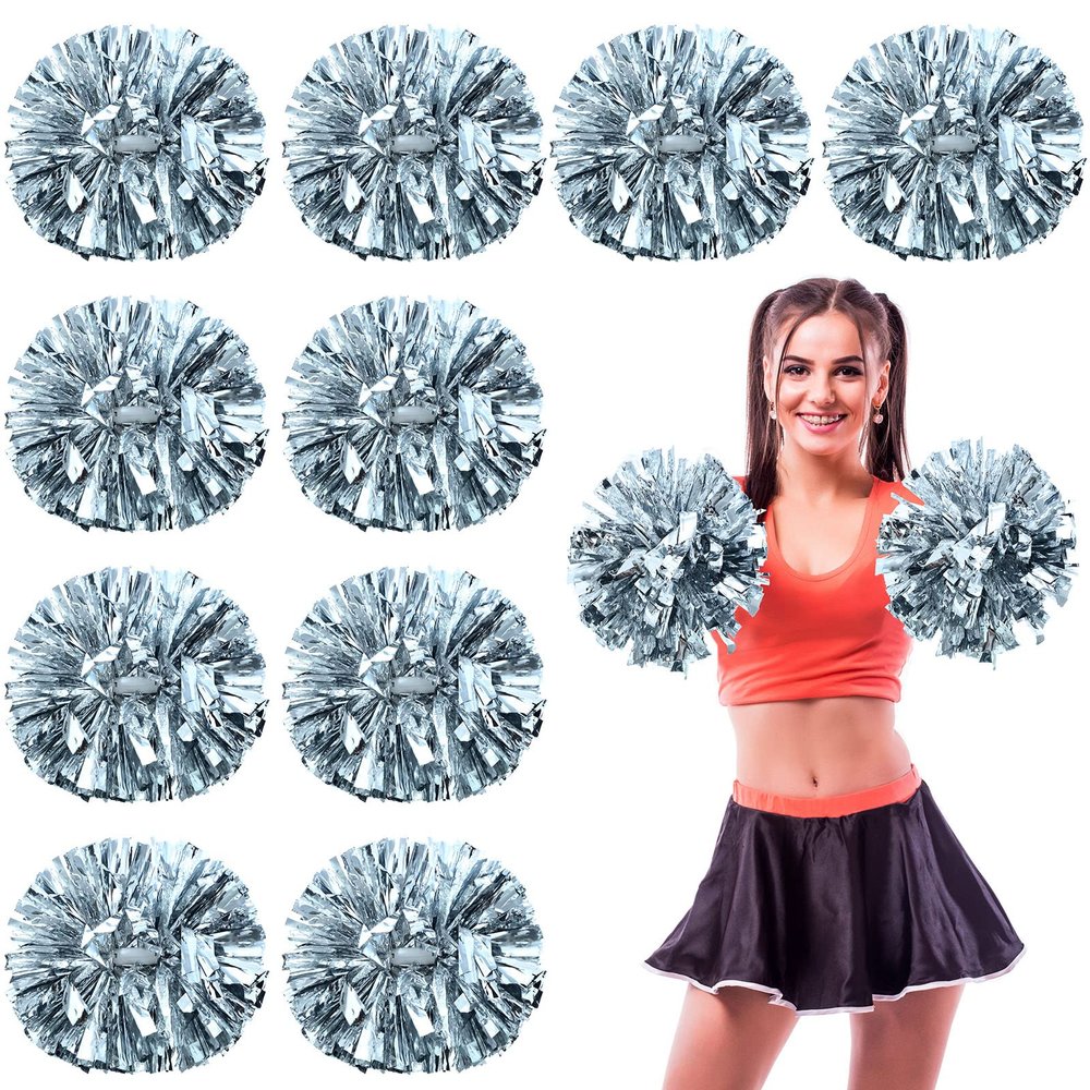 WILLBOND 12pcs Cheerleading Pom Poms Bulk Metallic Foil Cheerleader Pompoms with Baton Handle for Football Basketball Cheering Squad Team Game Sports Dance Party Outfit (Silver)