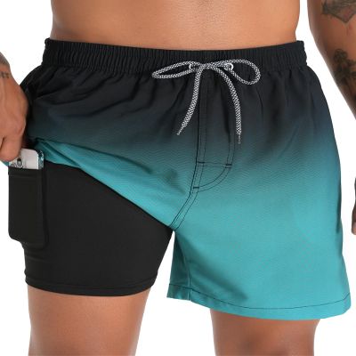 zeetoo Mens Swim Trunks with Compression Liner 5.5" Inseam Shorts Bathing Suit Quick Dry Swimsuit Gradient-Green L