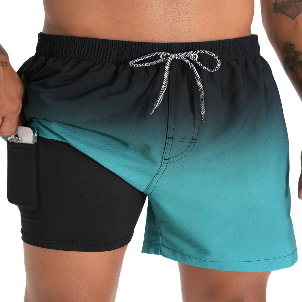 zeetoo Mens Swim Trunks with Compression Liner 5.5" Inseam Shorts Bathing Suit Quick Dry Swimsuit Gradient-Green L