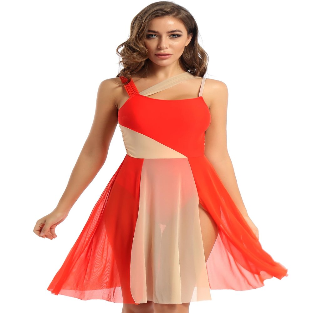 Nikiikoo Women's Sleeveless Color Block Lyrical Dance Dress Mesh Chiffon Modern Tutu Latin Waltz Gymnastics Leotard Orange Large