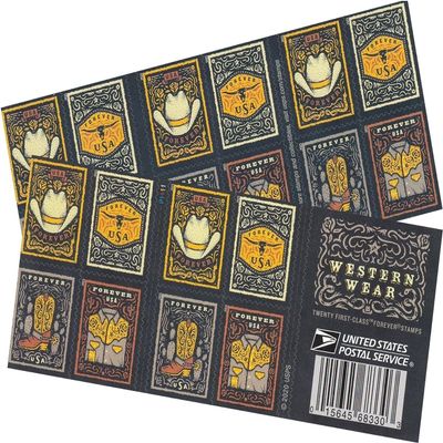 USPS Western Wear (Cowboy Hat, Belt Buckle, Cowboy Boot with Spur, Western Shirt) (Booklet of 20) Postage Forever Stamps 2021 Scott #5615-5618