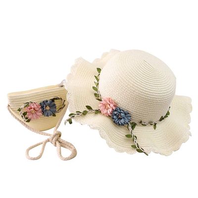 LISfsa Girls Straw Hat 2-8 Age Tourism Sun Hat Flower Children Sun Hat and Bag Set Baby Outdoor Wide Brim Bucket Hats for Kid White, One Size
