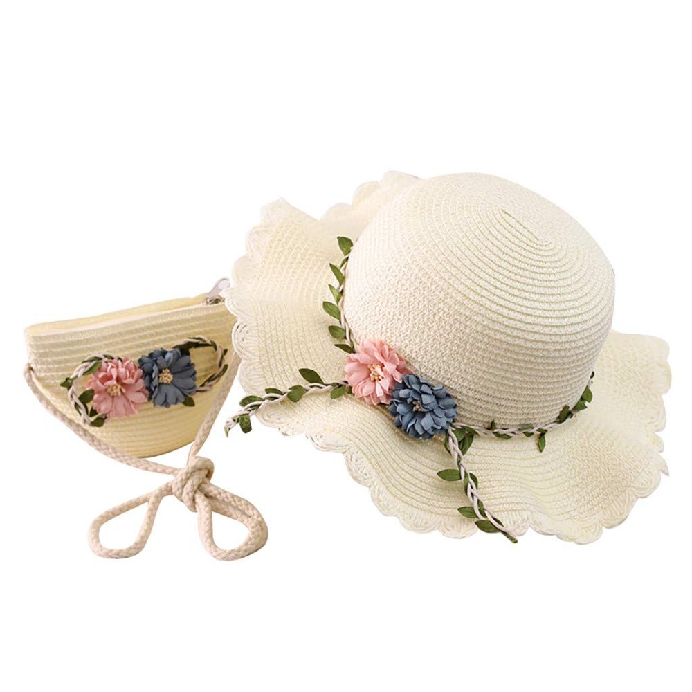 LISfsa Girls Straw Hat 2-8 Age Tourism Sun Hat Flower Children Sun Hat and Bag Set Baby Outdoor Wide Brim Bucket Hats for Kid White, One Size