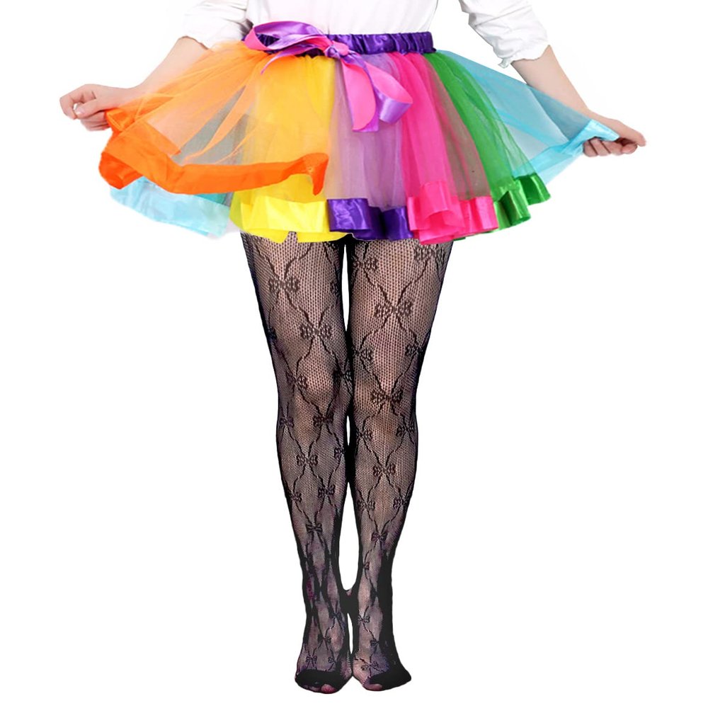 VINICUNCA Girls Fishnet Stockings for Princess Dress High Waist Mesh Tights Cute Pattern Knit Socks (7-14 Years, Black-Bow-knot)