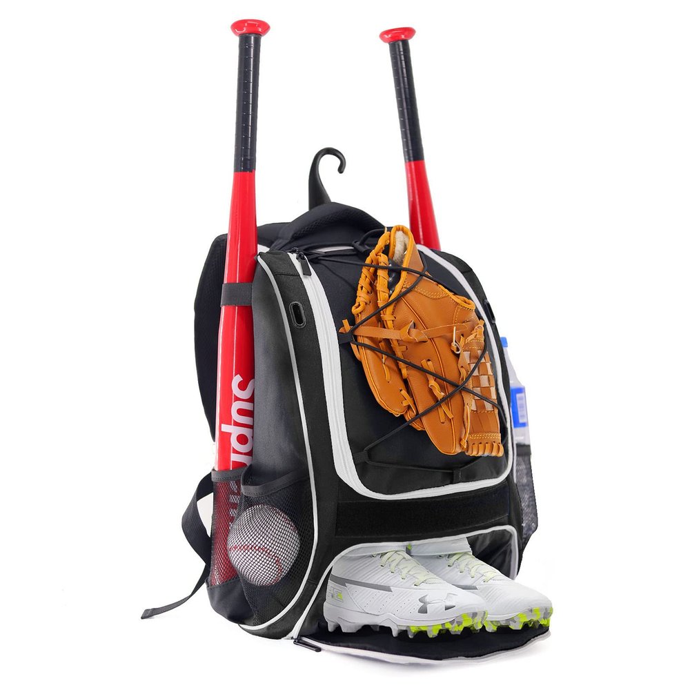 WOLT | Youth Baseball Backpack Bag for Baseball, Softball & T-Ball Equipment & Gear, Youth Boys and Adults, with Holder for Bat, Helmet, Glove, & Shoes Compartment & Fence Hook (Black)