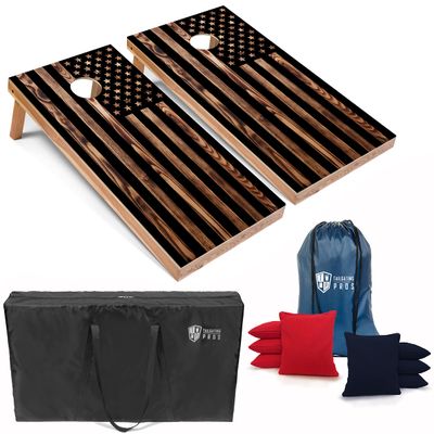 Tailgating Pros Cornhole Board Set w/Bags, Carrying Case-4'x2' Cornhole Toss-Tournament & Lightweight Options-Optional LED Lights (Woodgrain Flag, 4'x2' Tournament Grade Boards w/LED Ring Lights)
