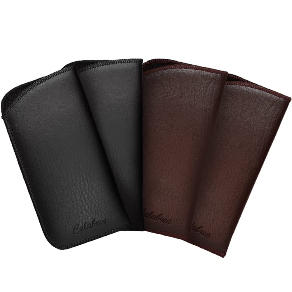 Calabria Slip-In Eyeglasses Case [Black/Brown/Pack of 4] Faux Leather Sunglasses Pouch for Travel, Commute | Soft Glasses Holder | Clip-On for Easy Slide, Belt, Pocket Attachment | Eyeglasses Cases