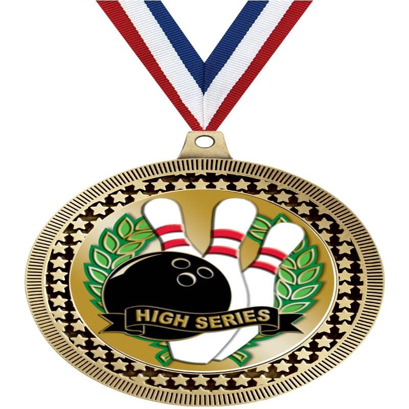 2.75" Bowling High Series Medal Awards, Gold Vega Bowling High Series Team Trophy Awards Includes Free Neck Ribbon 50 Pack