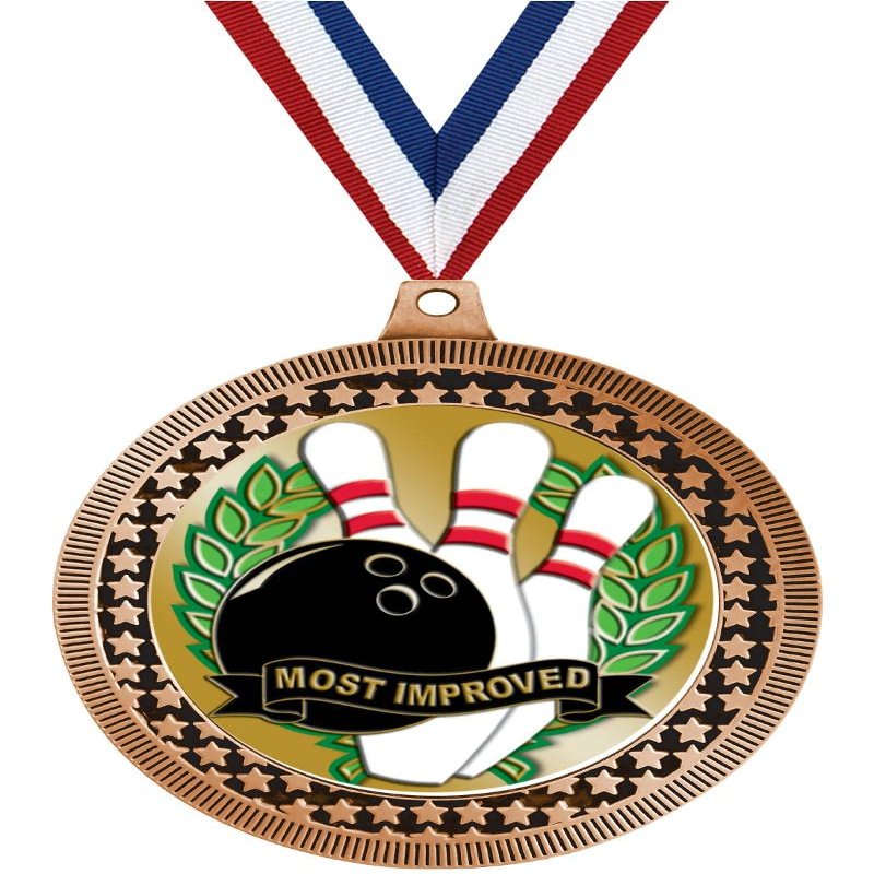 2.75" Bronze Vega Bowling Most Improved Medal Award, Sports Trophy Award Includes Free Neck Ribbon 20 Pack