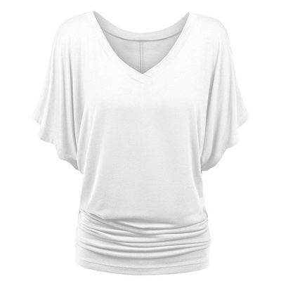 Women Fold Hem Loose Top Plus Size Batwing Sleeve T-Shirt Fashion Solid V-Neck Boat Neck Dolman Top with Side Shirring White