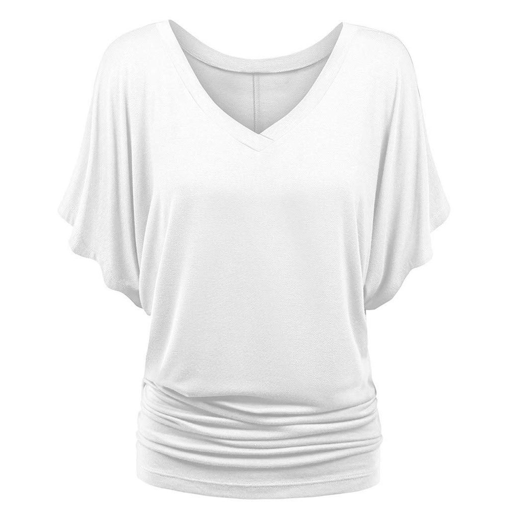 Women Fold Hem Loose Top Plus Size Batwing Sleeve T-Shirt Fashion Solid V-Neck Boat Neck Dolman Top with Side Shirring White
