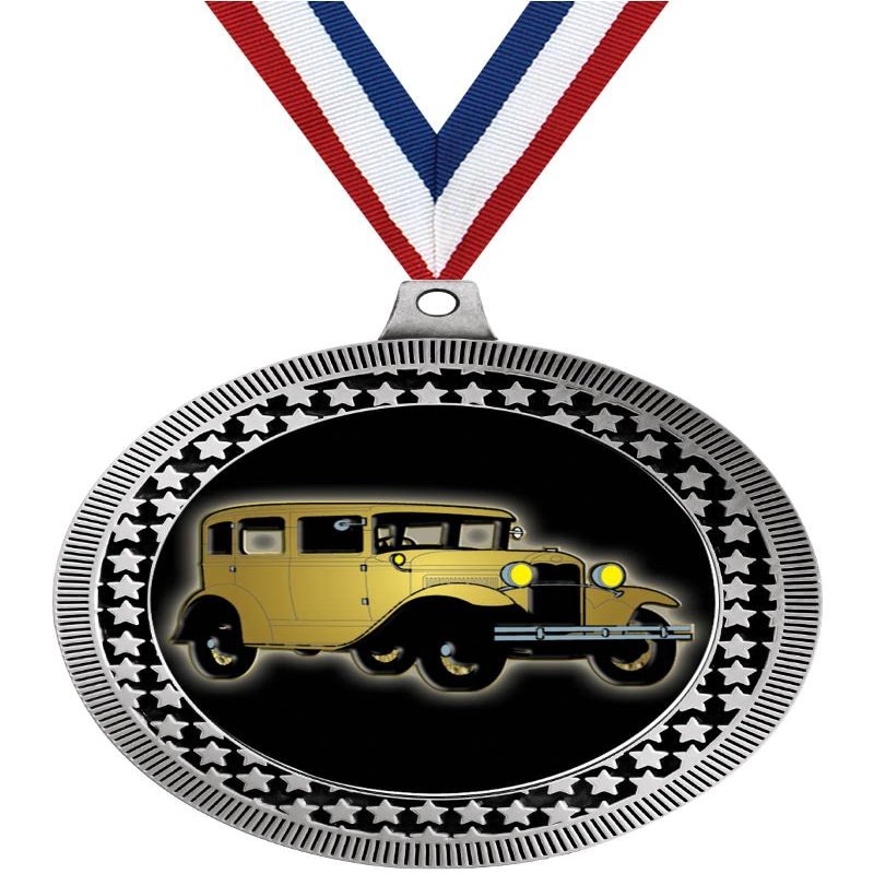 2.75" Antique Car Medal Awards, Silver Vega Antique Car Team Trophy Awards Includes Free Neck Ribbon 20 Pack